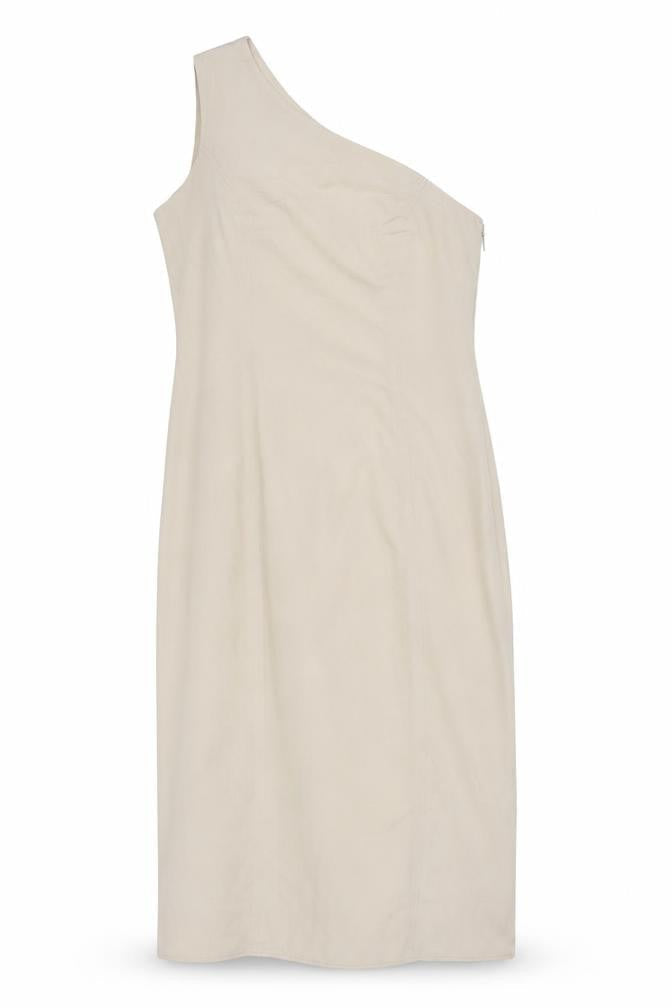Front view of ASOS Women's Beige One Shoulder Dress, size 14
