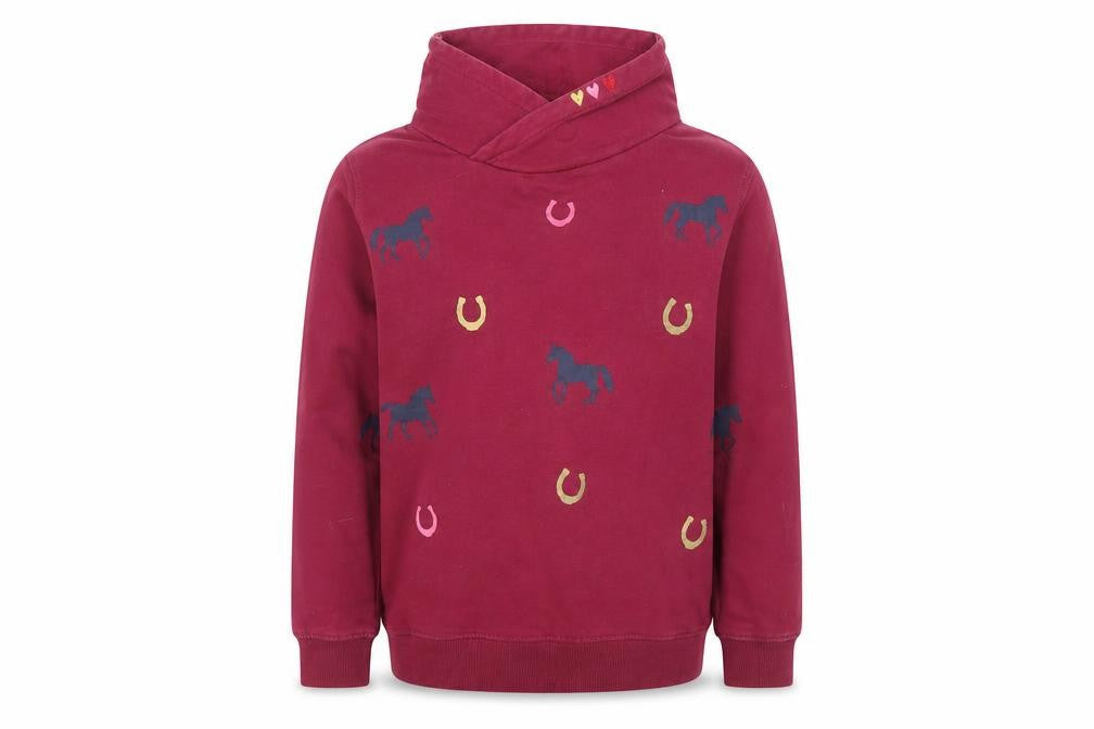 Front view of Funny Horses girls’ red pullover sweatshirt 10-11 years