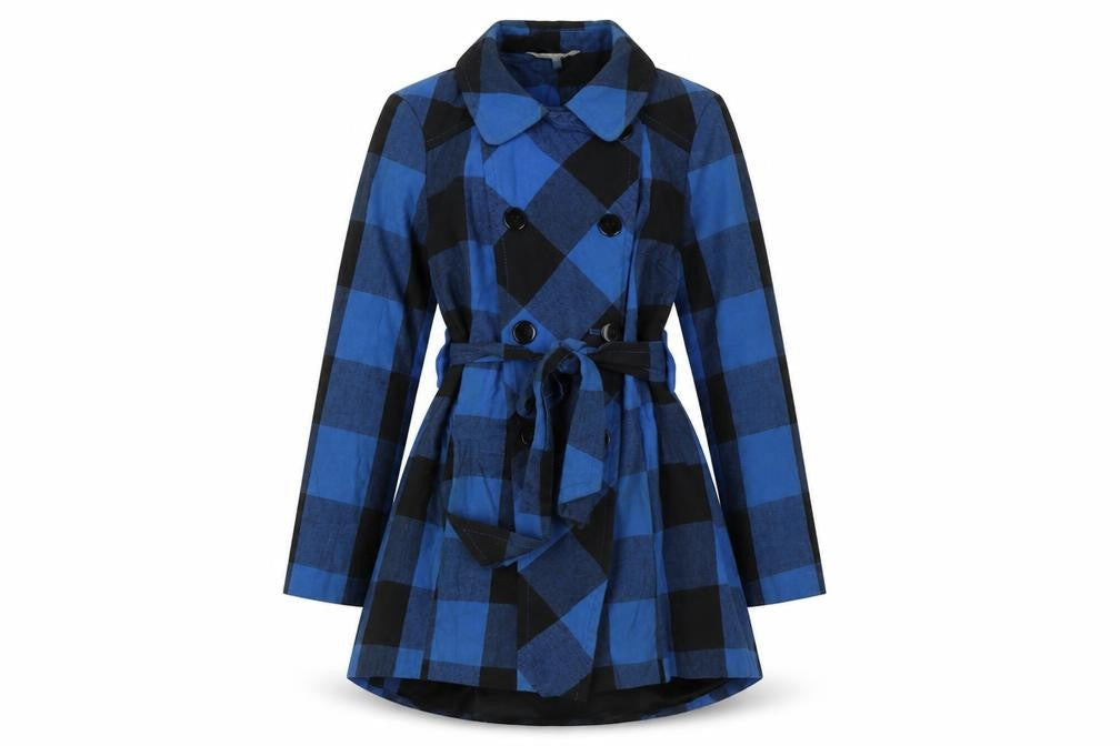 Front view of Red Herring Women's Blue Trench Coat, size 12, Classic Check