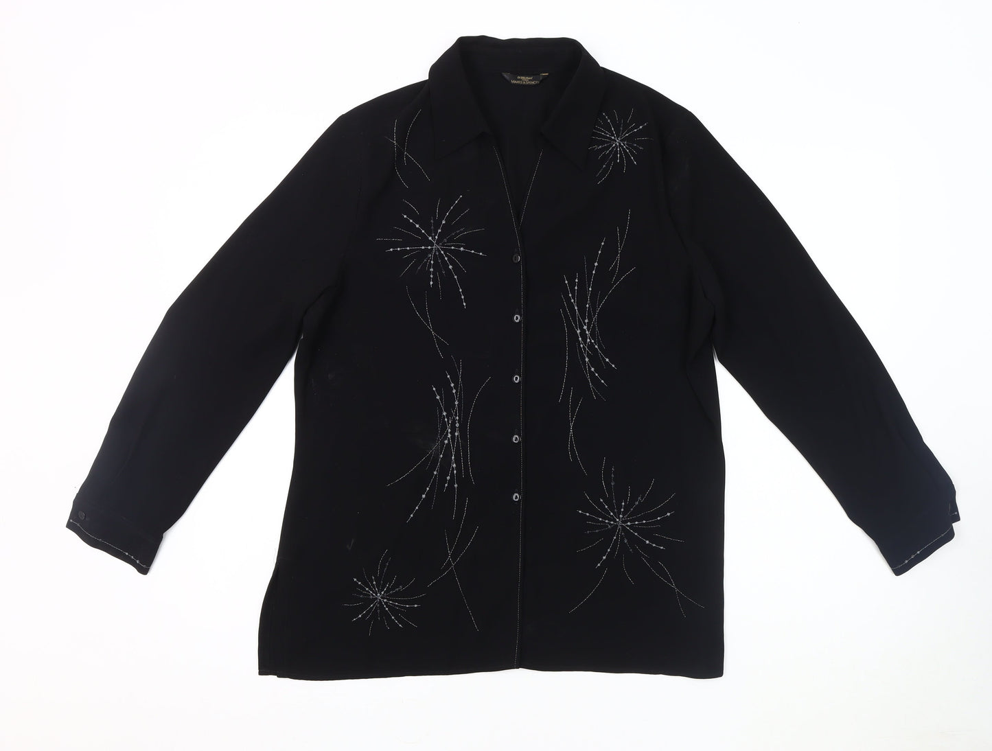 Marks and Spencer Women's Black Sequin Button-Up Shirt - Size 14