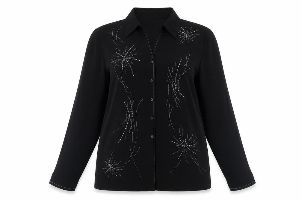 Marks and Spencer Women's Black Sequin Button-Up Shirt - Size 14
