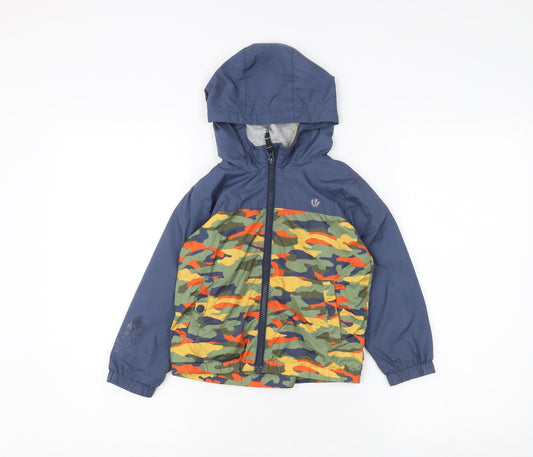 FatFace Boys Blue Camo Rain Coat, 3-4 Years, Hooded Zip Jacket