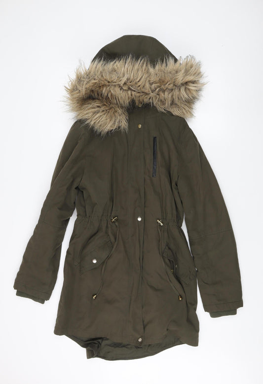 Oasis Women's Green Parka Coat S Fur Hooded