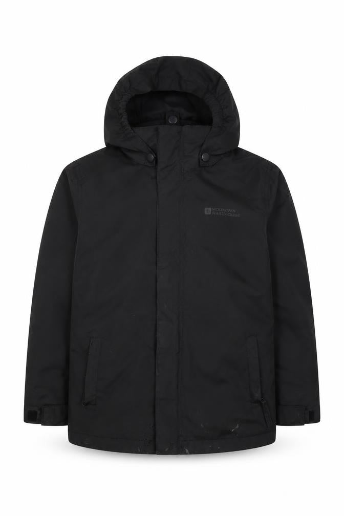 Front view of Mountain Warehouse boys’' black hooded jacket 5-6 years