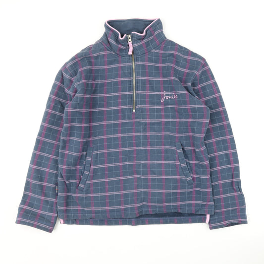 Joules Women's Blue Plaid Sweatshirt, S, High Neck, 1/2 Zip