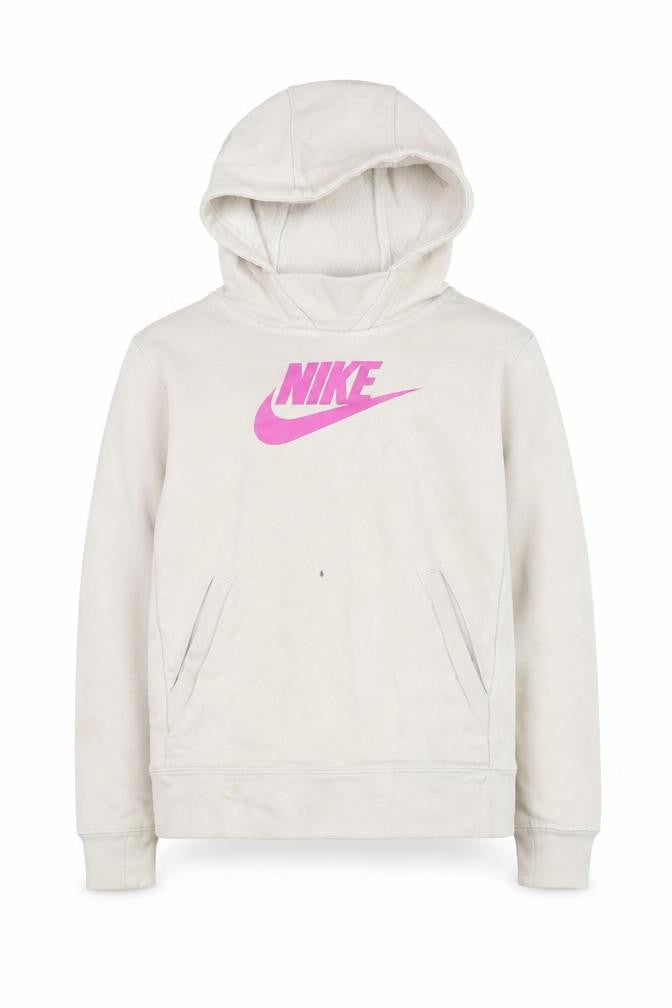 Nike Girls Beige Pullover Hoodie with Pink Logo, Size S