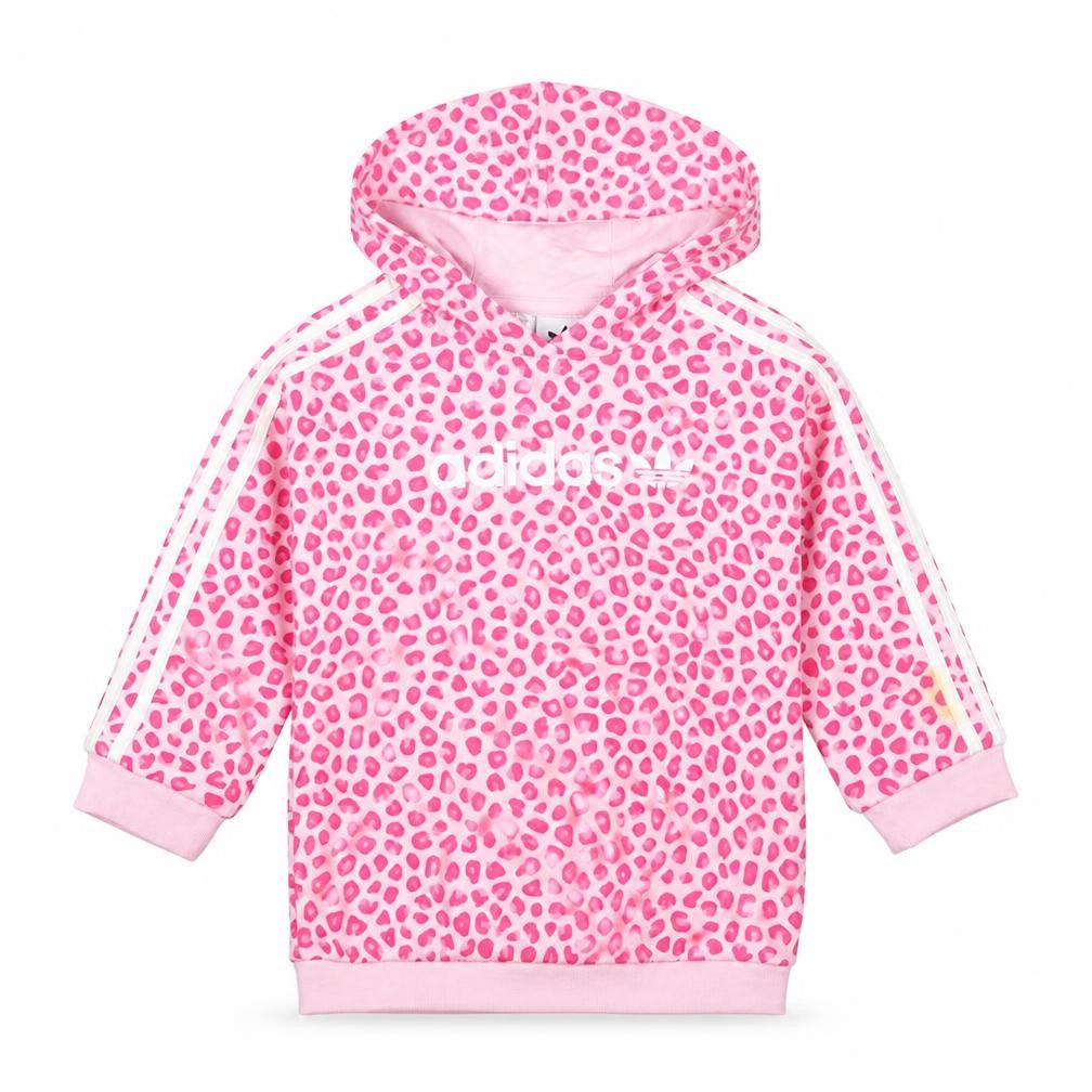 Front view of Adidas girls’ pink animal print hoodie - 12-18 months