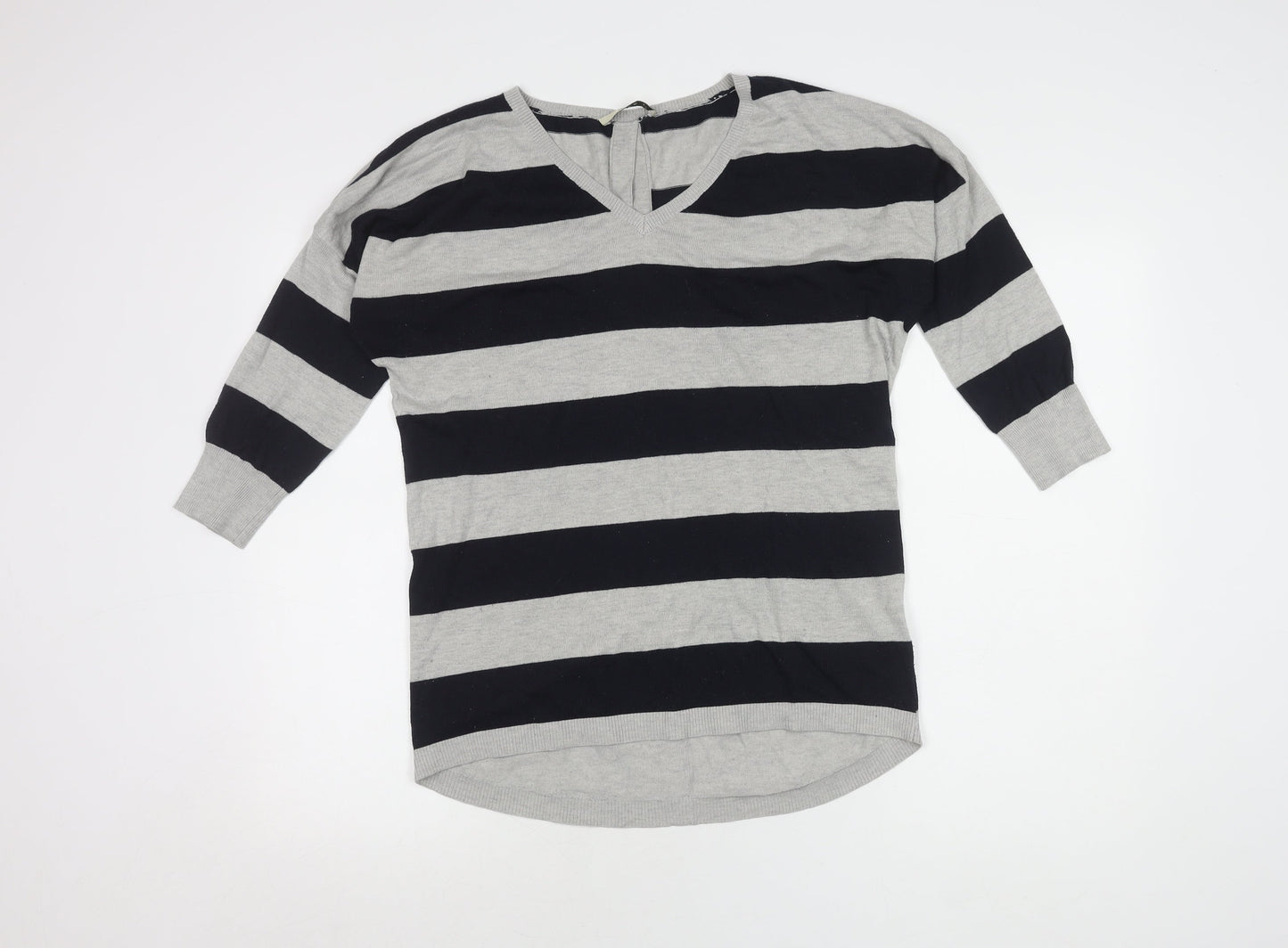 Oasis Women V-Neck Striped Cardigan in Grey Size M