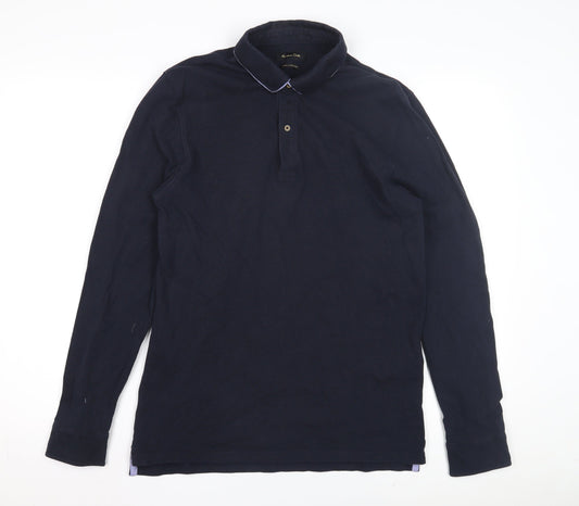 Massimo Dutti Men's Blue Long Sleeve Polo Shirt L