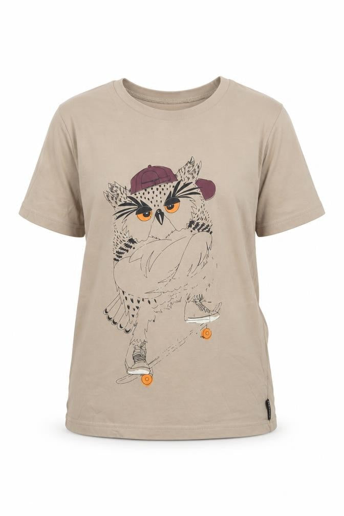 Front view of Polarn O. Pyret girls’ beige owl graphic t-shirt, size 8-9