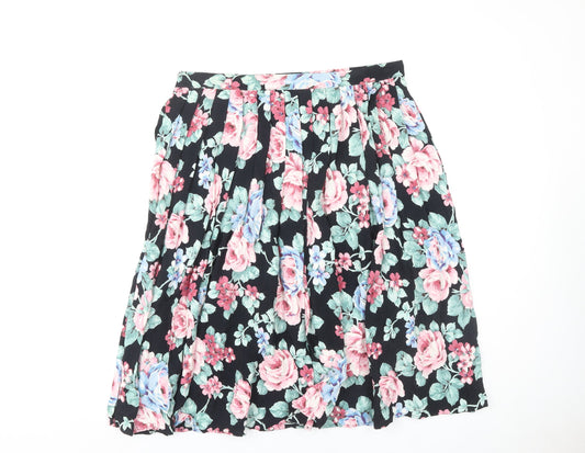 St Michael Women's Black Floral Pleated Skirt Size 18