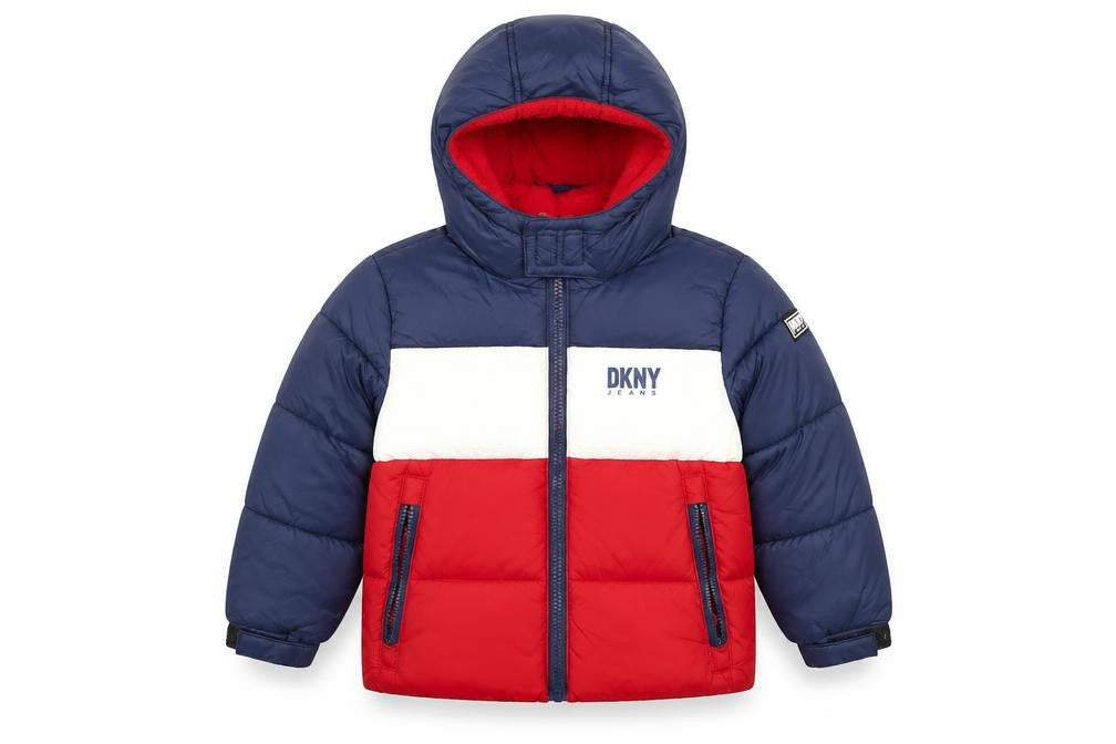 Front view of DKNY boys’' colourblock puffer jacket, hooded, size 4 plus