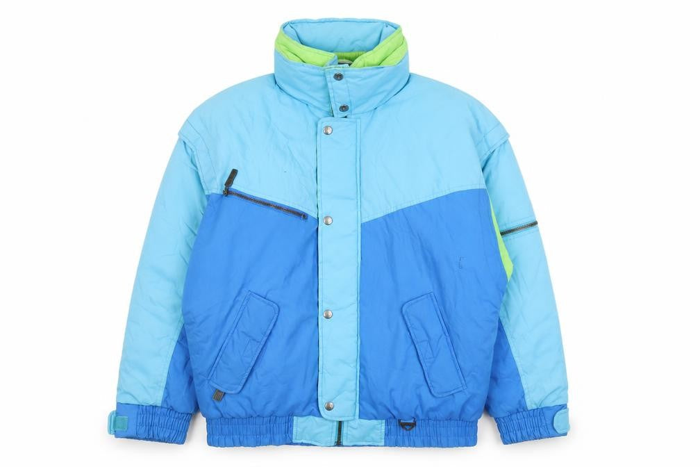 Front view of Olympus Sport women’s blue puffer jacket, size UK 34