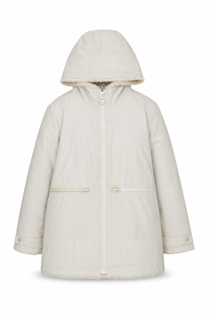 Front view of Zara girls’ beige hooded coat 11-12 years long zipped pockets