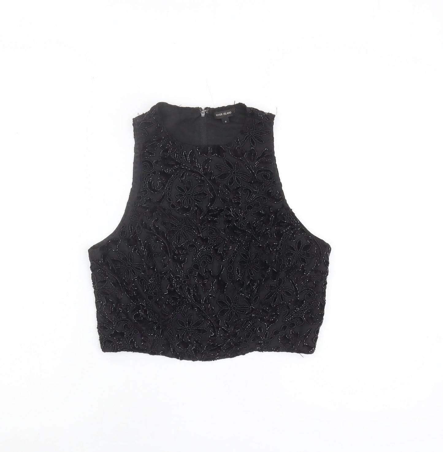 River Island Black Cropped Beaded Blouse - Size 8