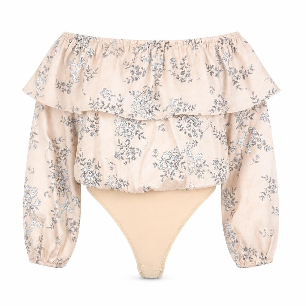 Front view of Missguided Women's Beige Floral Off Shoulder Bodysuit, size 8