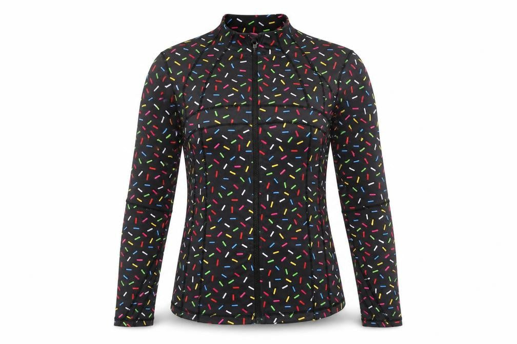Front view of Lucy Locket Loves Women's Black Sprinkle Print Jacket