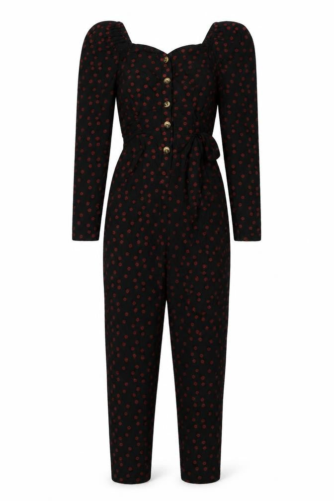 Front view of ASOS Women's Black Polka Dot Jumpsuit, size 6, Long Sleeve