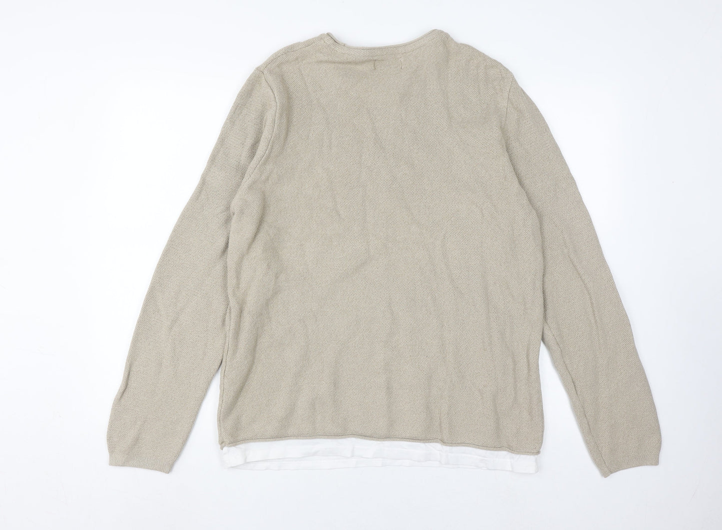 Pull&Bear Men's Beige Crew Neck Knit Pullover - Size L