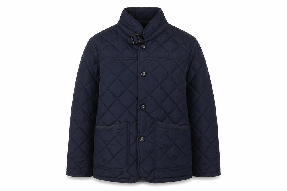 Front view of Next boys’ blue quilted jacket, age 9 years, cosy winter style