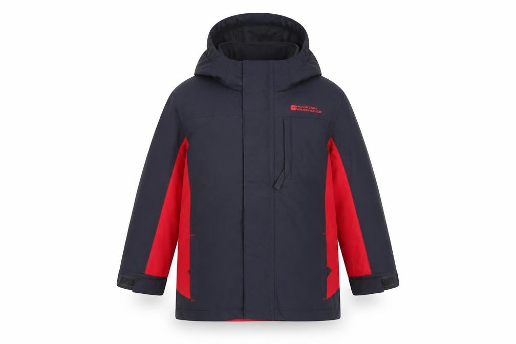 Front view of Mountain Warehouse boys’ red & black hooded jacket 2-3 years