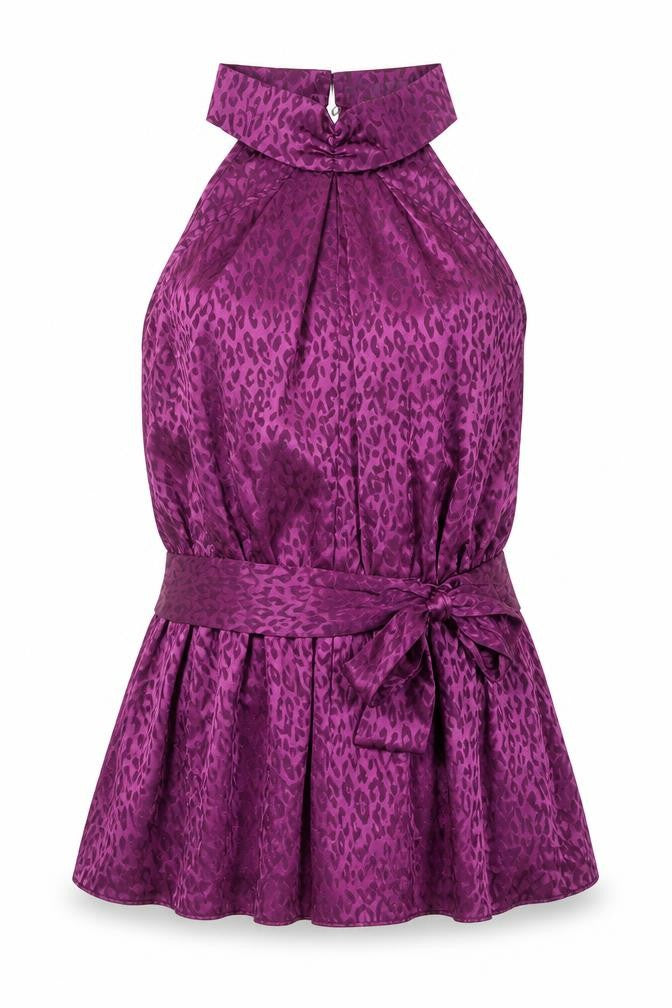 Front view of Principles Women's Purple Animal Print Halter Blouse
