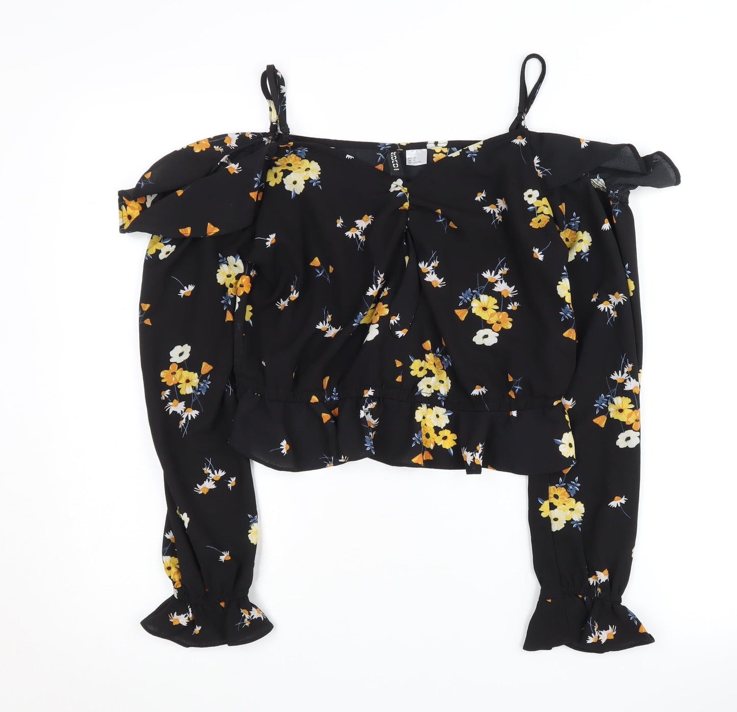 H&M Women's Black Floral Cropped Blouse - Size 12