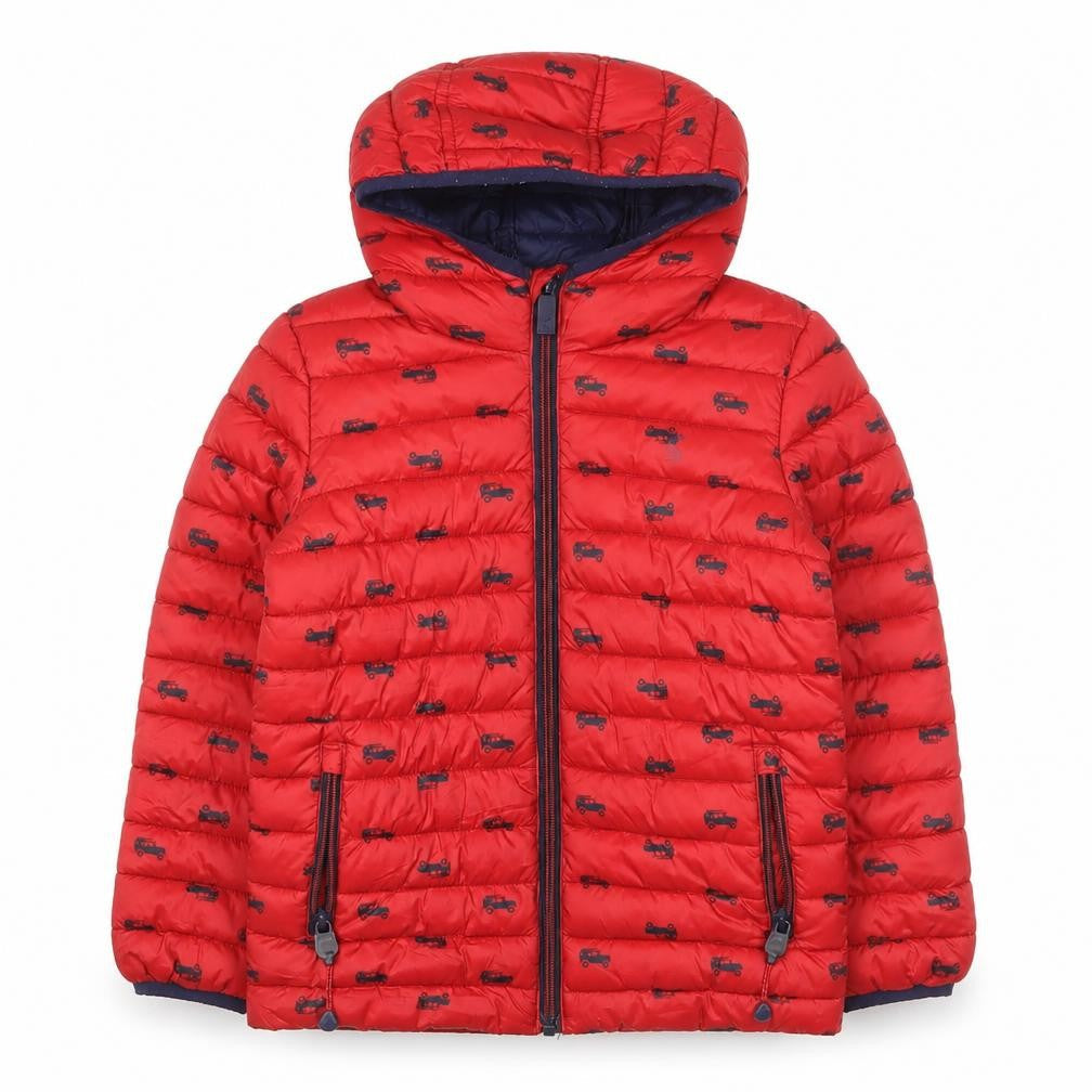 Front view of Joules boys’ red car print puffer jacket, 6 years, autumn winter