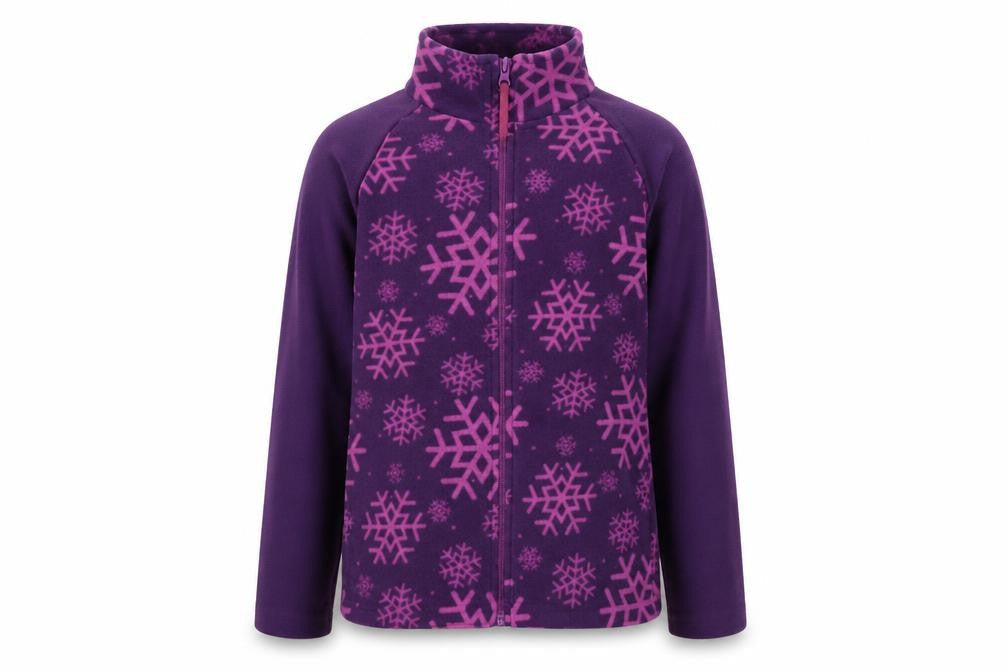 Front view of Mountain Warehouse girls’ purple snowflake fleece jacket, size 9-10