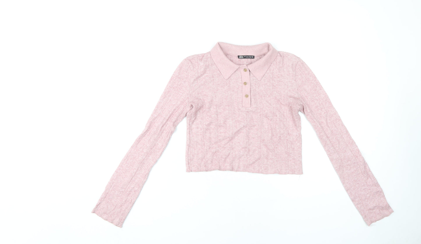 Zara Women's Pink Cropped Polo Long Sleeve Top
