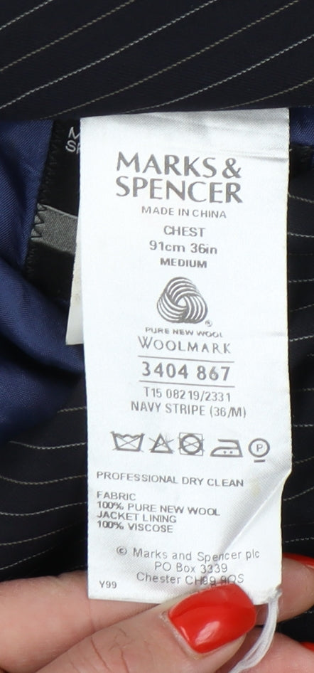 Marks & Spencer Men's Blue Striped Blazer, Size 36R Wool