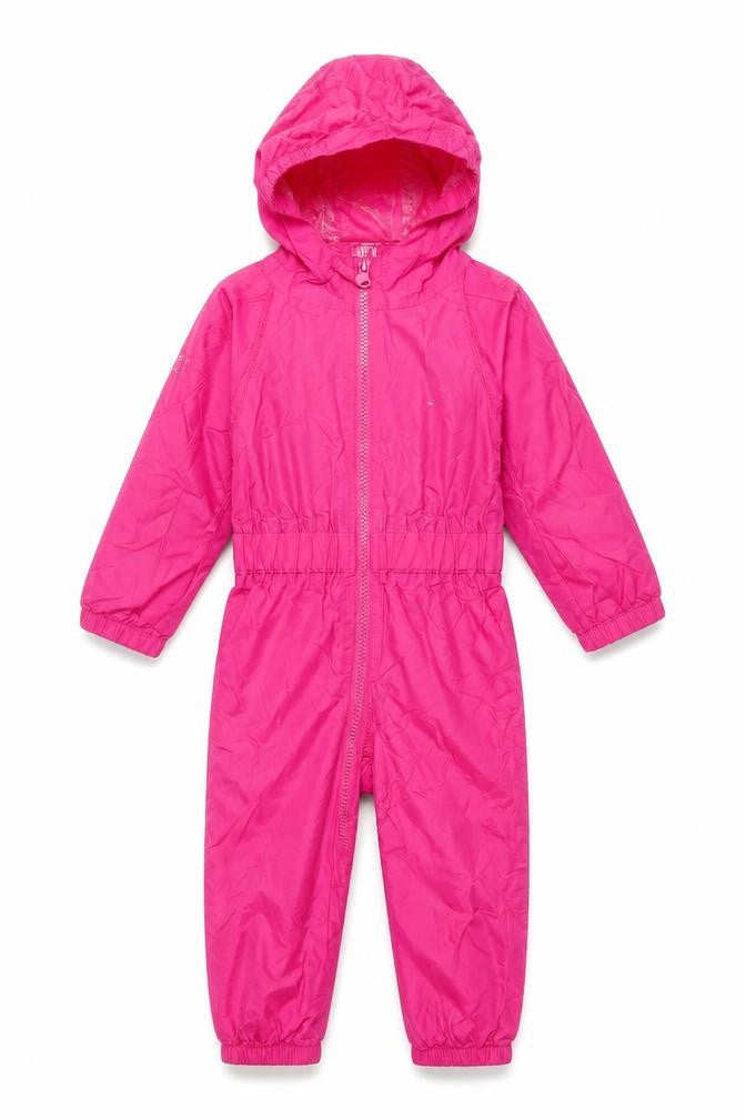 Front view of Trespass girls’ pink snowsuit, size 18-24, months, waterproof