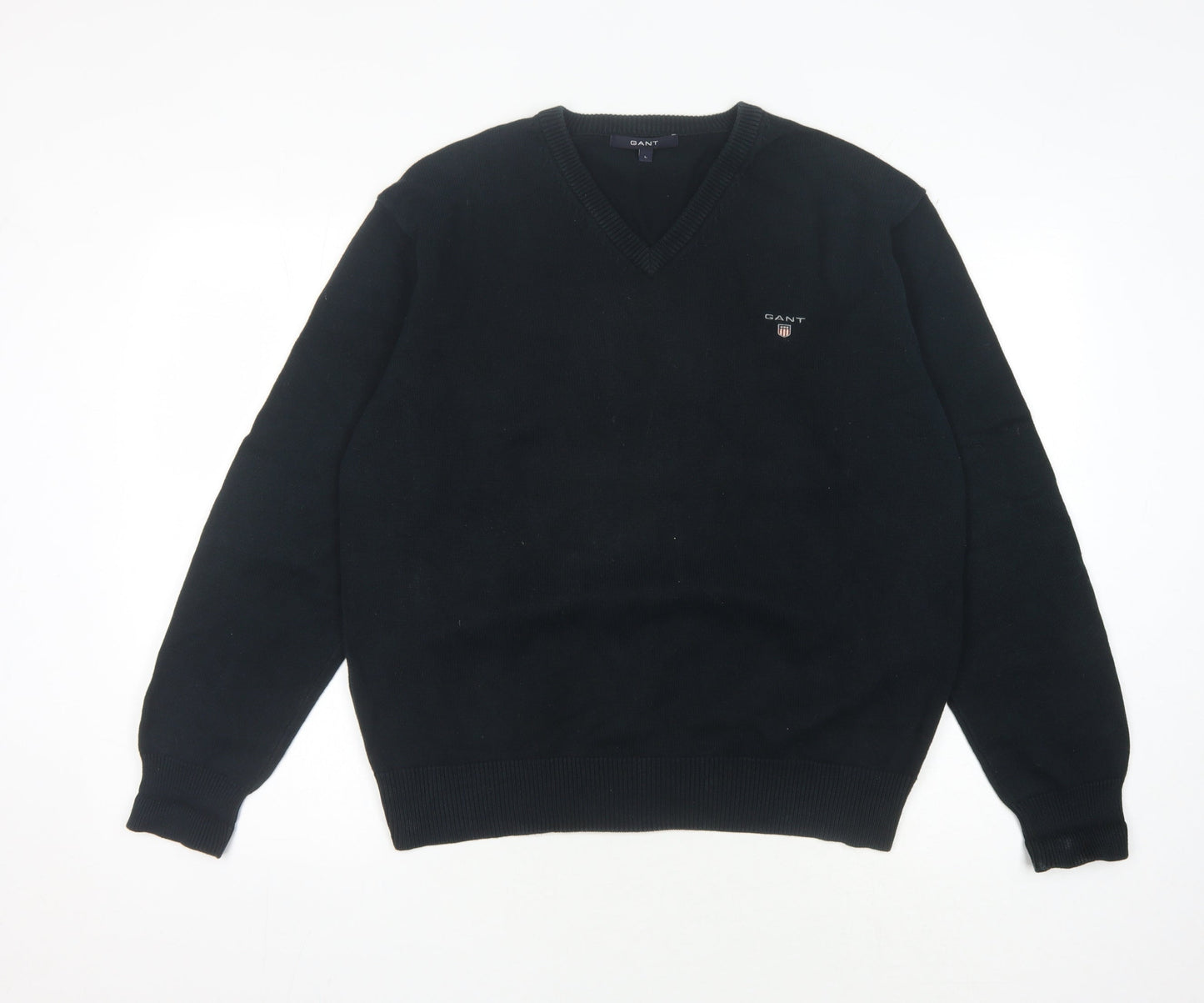 GANT Men's Black V-Neck Cotton Pullover Jumper, Size L
