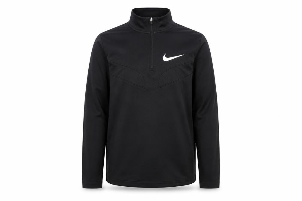 Front view of Nike boys’ black running sweatshirt l 1/4 zip dri-fit