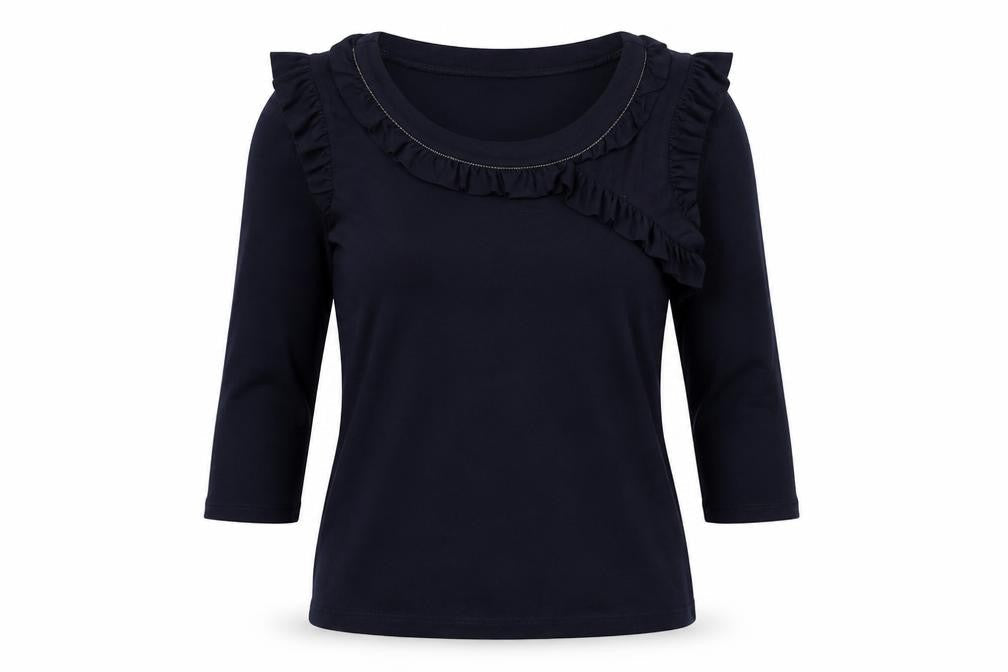 Front view of Betty Jackson Women's Black 3/4 Sleeve Ruffled Top