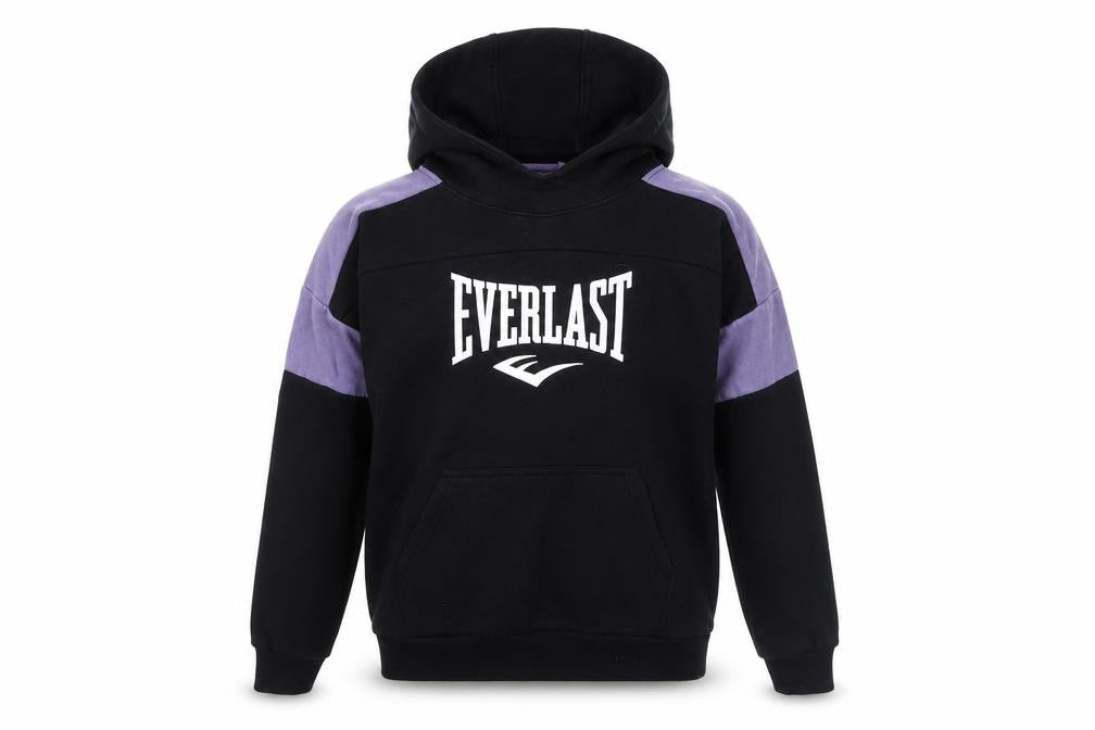 Front view of Everlast boys’ black pullover hoodie with logo, size 13y
