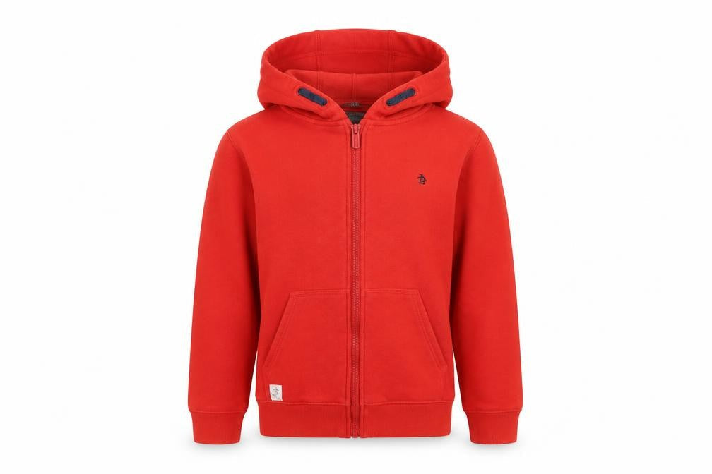 Front view of Original Penguin boys’ red hoodie jacket 12-13 years