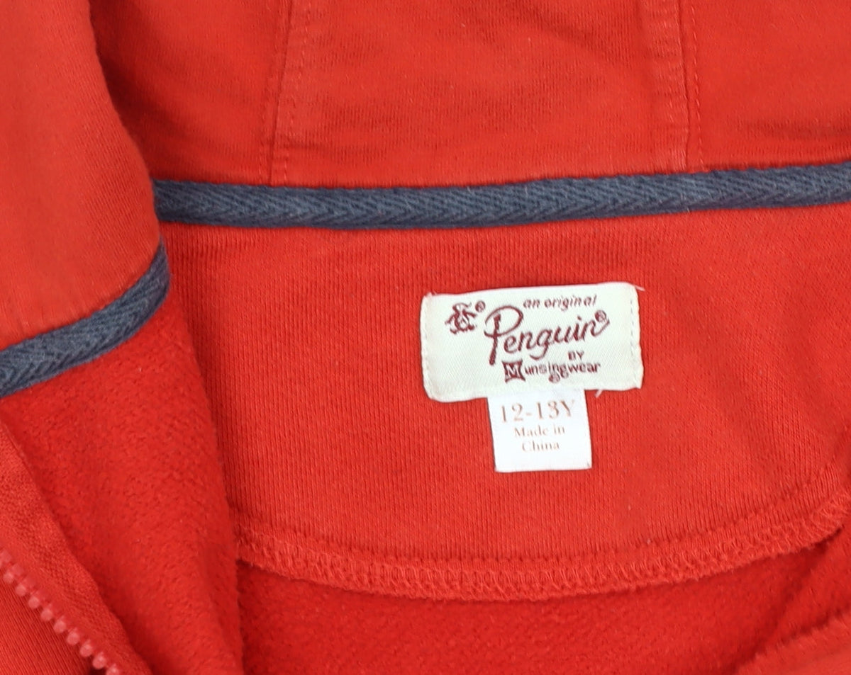 Close-up detail of Original Penguin boys’ red hoodie jacket 12-13 years
