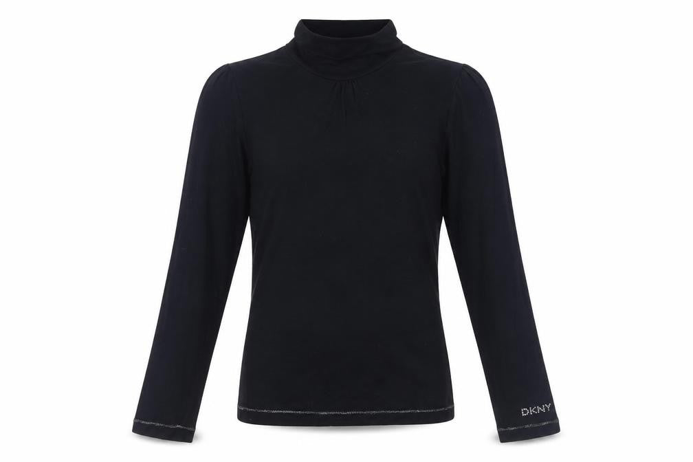 Front view of DKNY girls’ black long sleeve top, size 8, mock neck