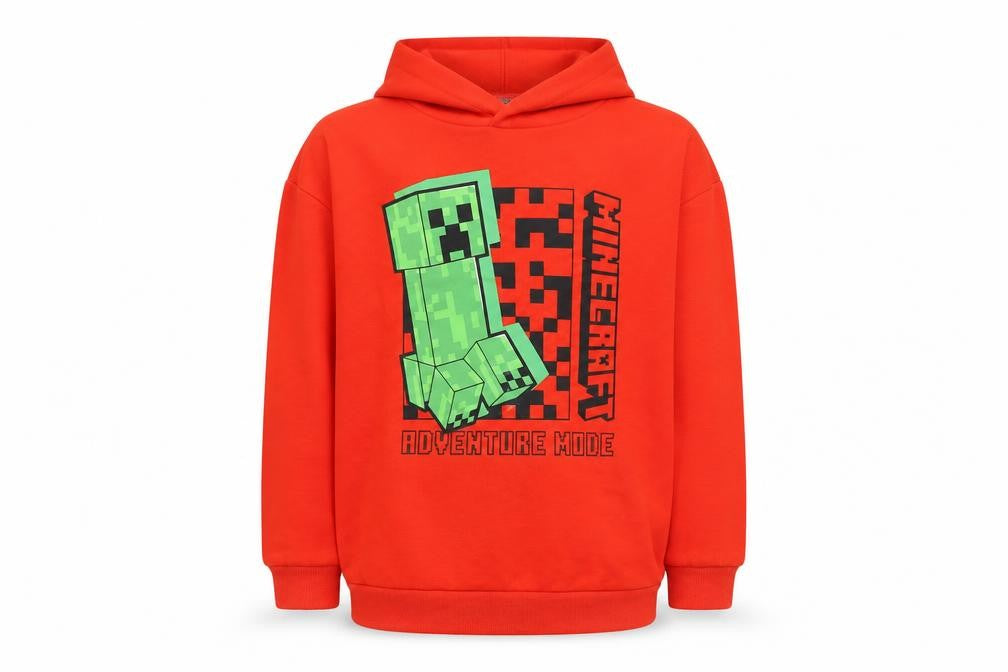 Front view of Minecraft boys’ red hoodie 10-11 yrs graphic adventure mode