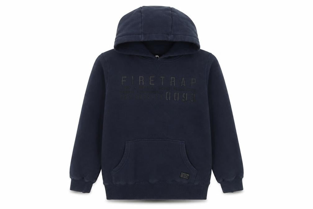 Front view of Firetrap boys’ blue pullover hoodie, 9-10 years, casual style