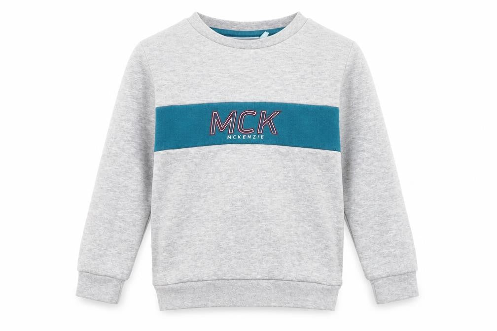 Front view of McKenzie boys’ grey sweatshirt 6 years pullover logo jersey