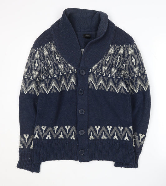 H&M Men's Blue Cardigan, Size M, Fair Isle Pattern