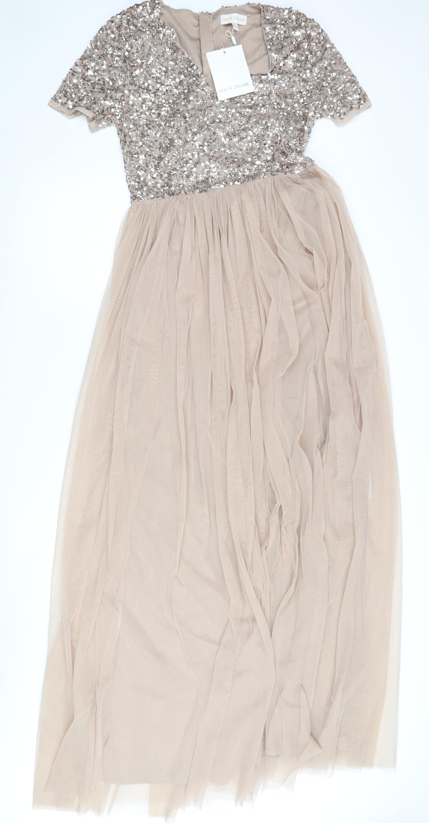 Maya Deluxe Women's Beige Long Sequin Dress Size 12