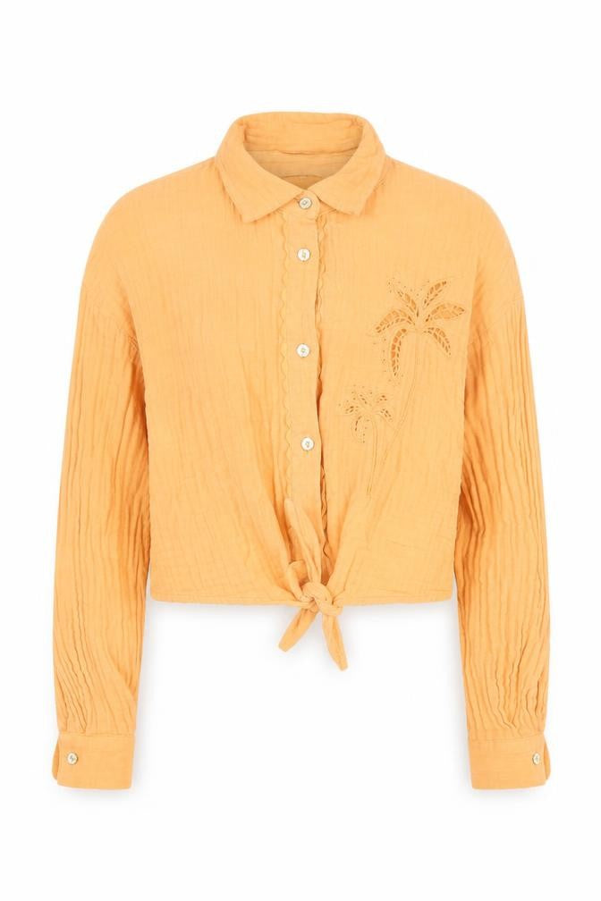 Front view of River Island girls’ orange cropped button-up shirt 9-10 years