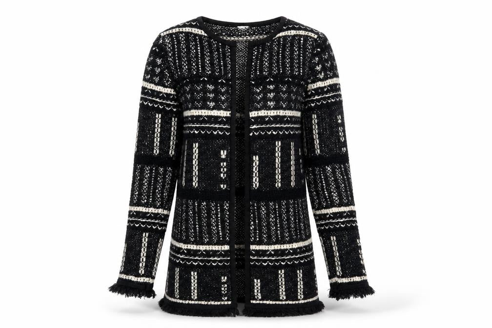 Front view of Miss Selfridge Women's Black Geometric Open Front Cardigan, size 8