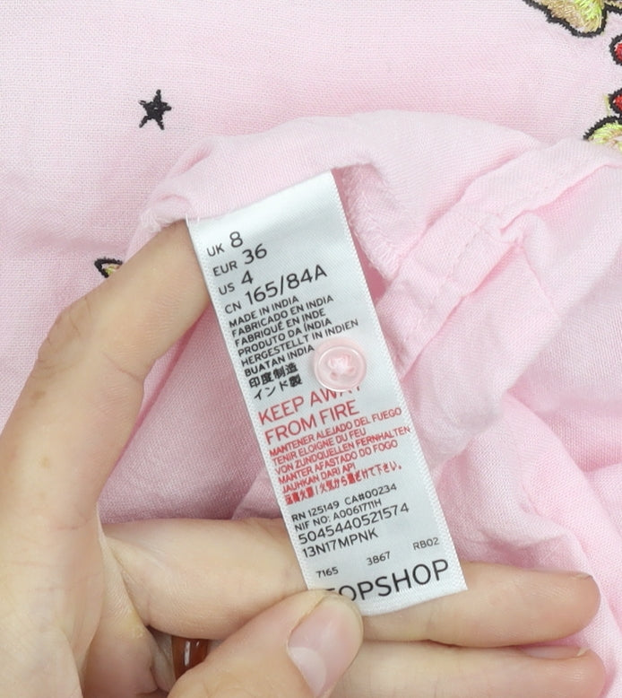 Topshop Women's Pink Embroidered Button-Up Shirt