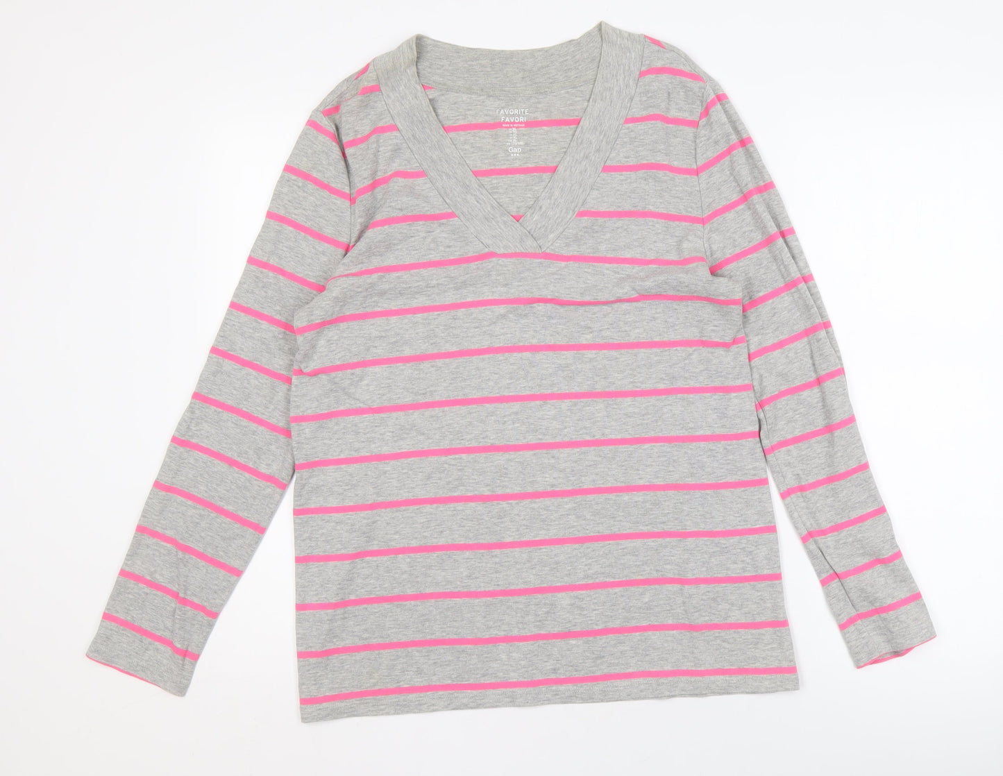 Gap Women's Grey Striped V-Neck Long Sleeve T-Shirt