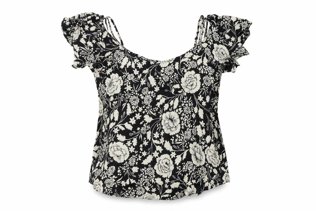 Front view of Miss Selfridge Women's Black Floral Top, size 10