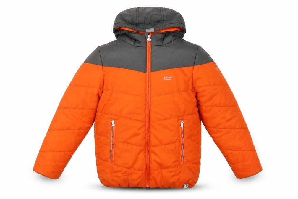 Front view of Regatta boys’ orange puffer jacket, hooded, size 13, years